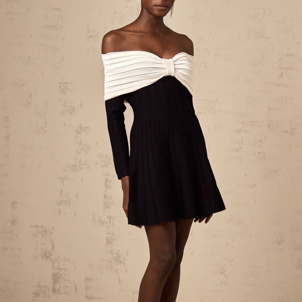 Miss Rosier Justine black off-shoulder bow knit mini dress Size Med